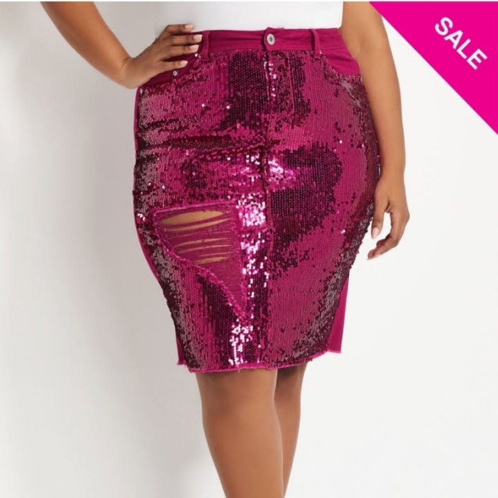 Ashley Stewart Magenta Sequin Jean Skirt
